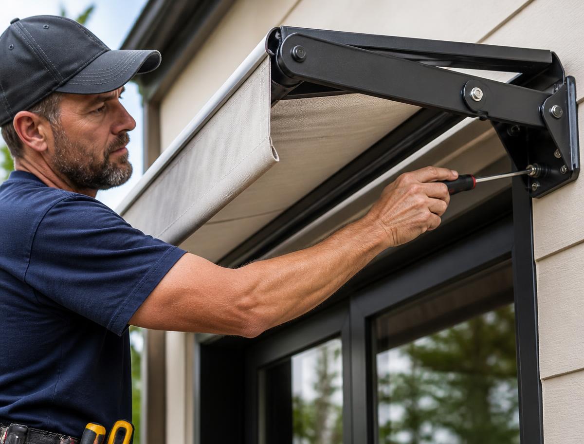 Installer fastening a new awning frame to a home exterior