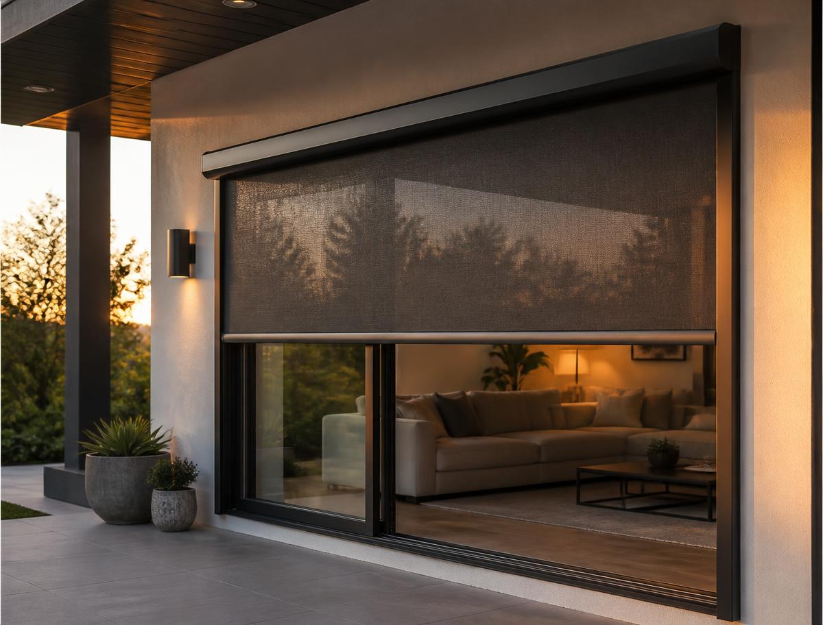 Exterior retractable roller shade lowered over a large glass patio door